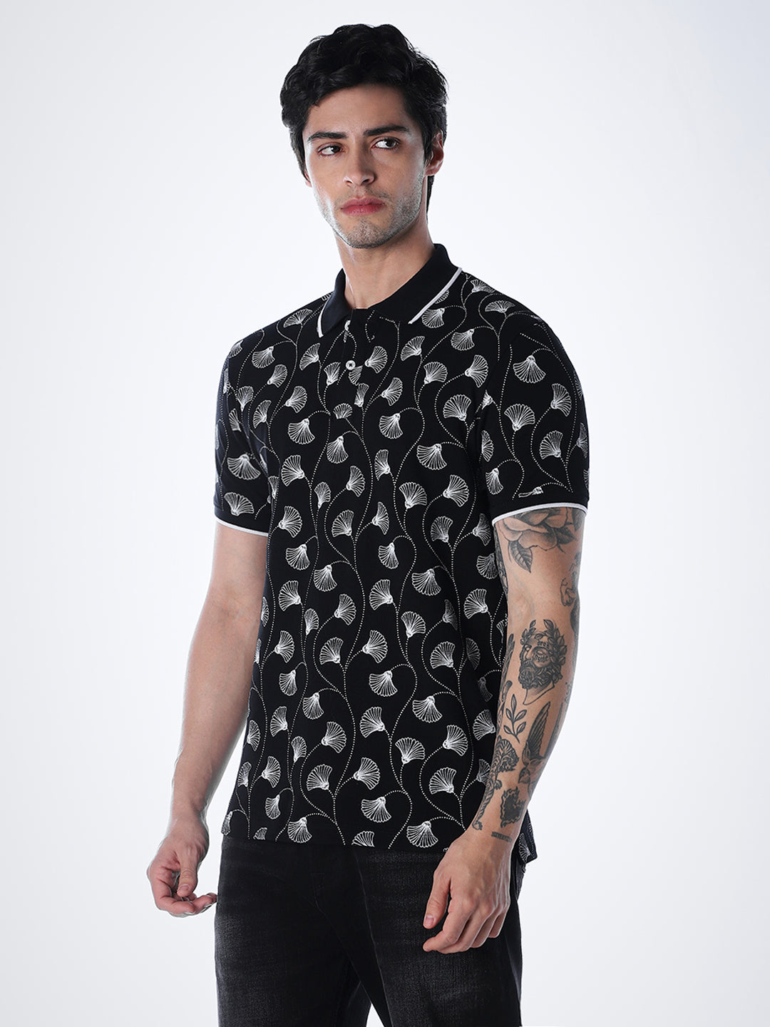 Black Printed Cotton Polo