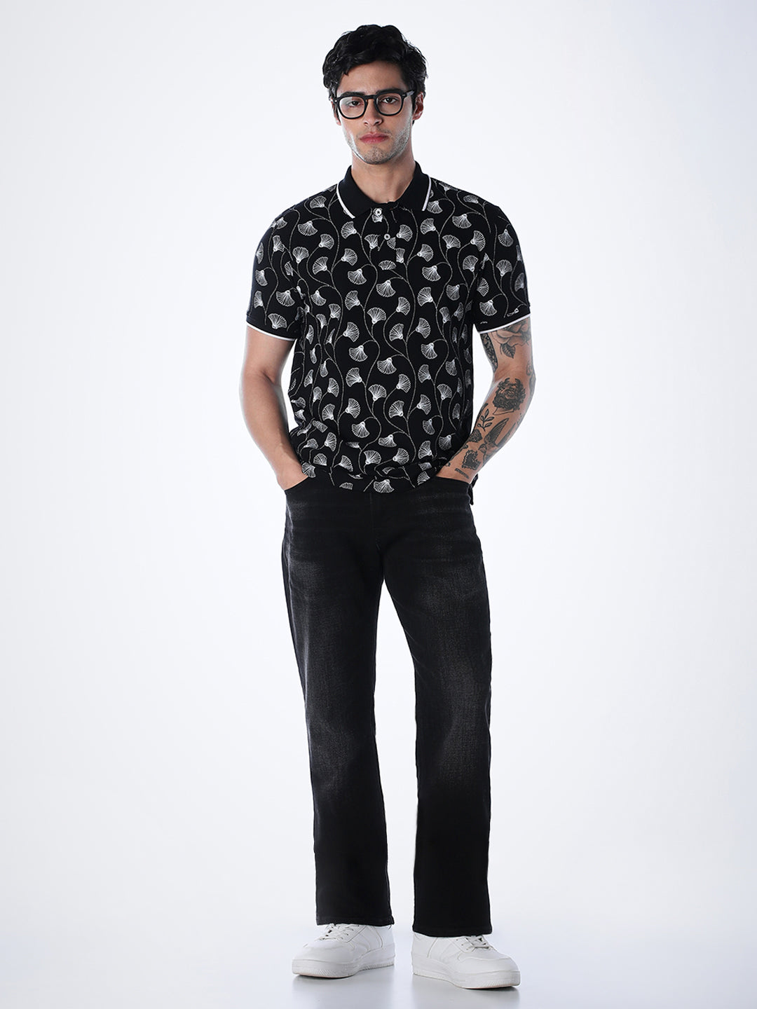 Black Printed Cotton Polo