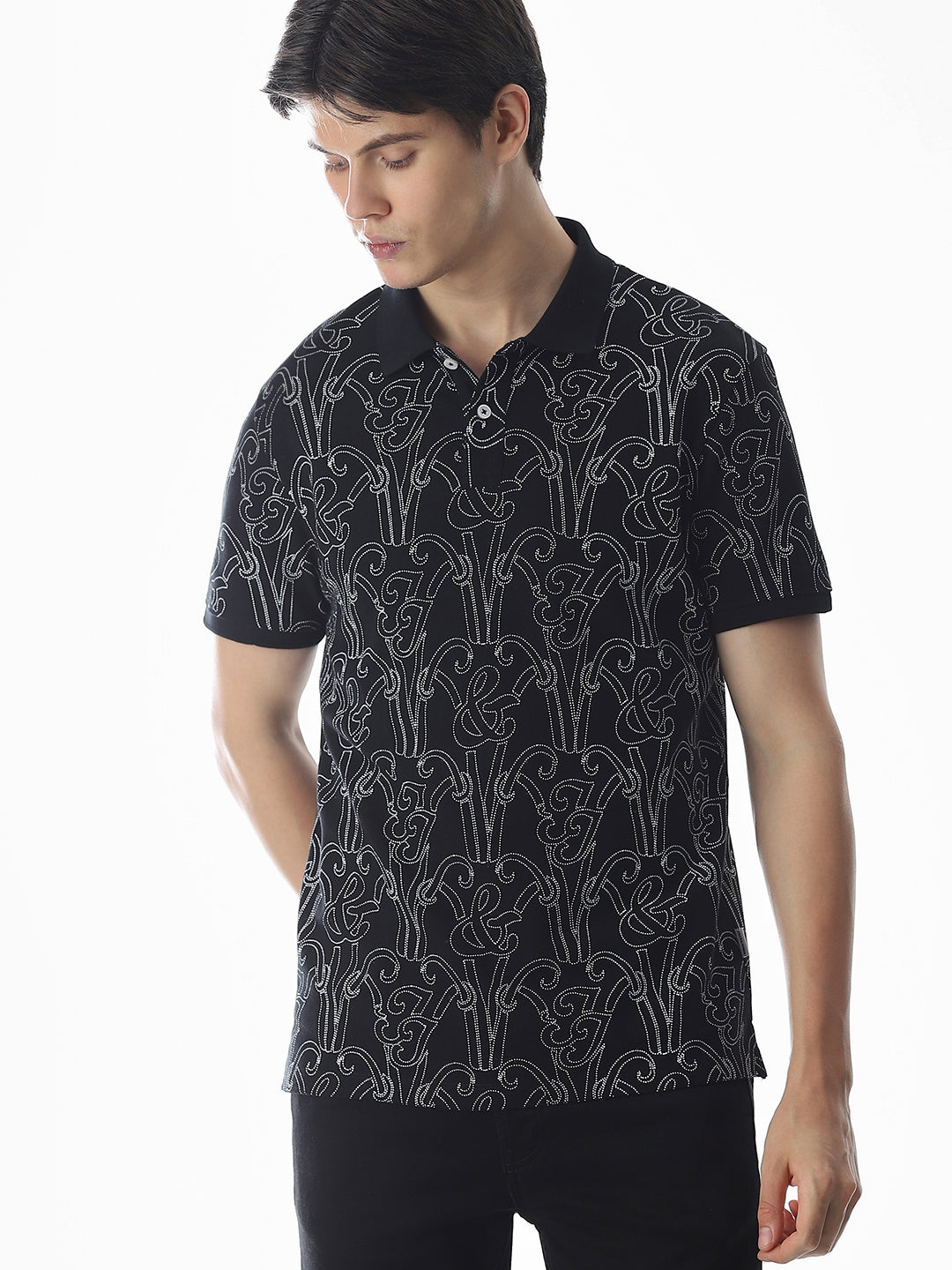Printed Cotton Polo - Black
