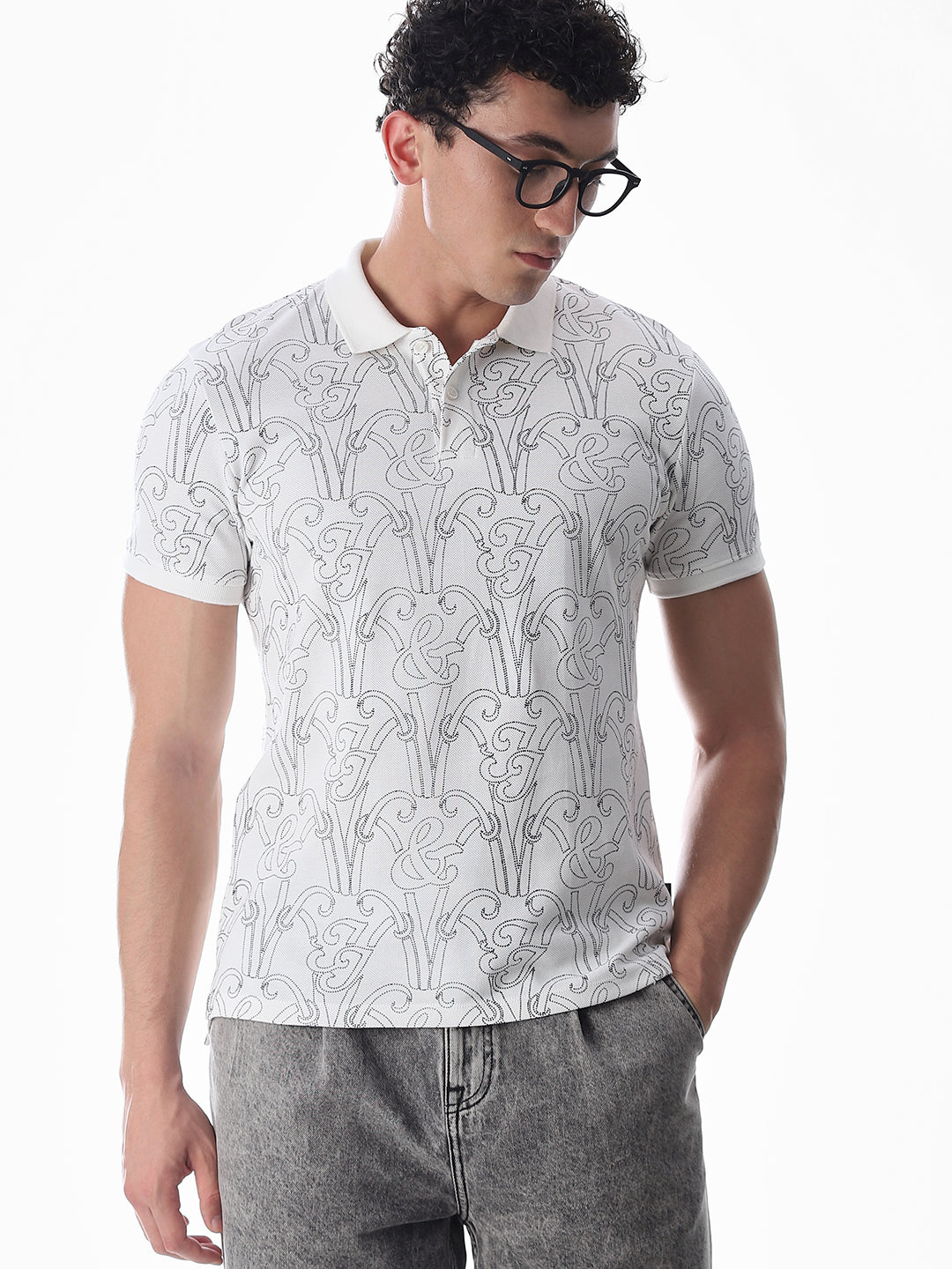 Printed Cotton Polo - White - XL