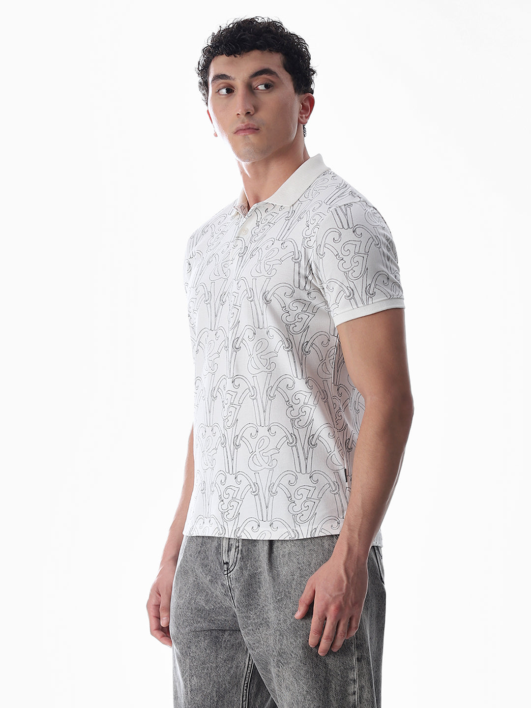 Printed Cotton Polo - White