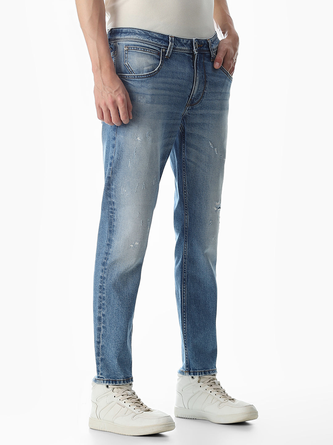 Mildly Distressed Cropped Brak Slim Jeans
