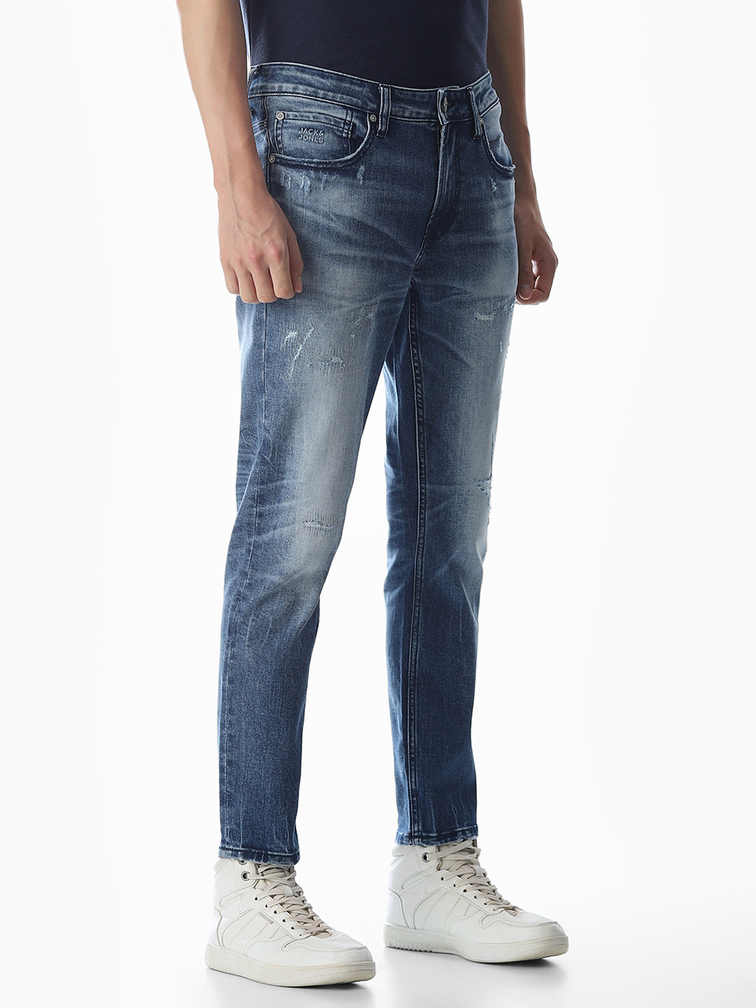 Mildly Distressed Cropped Brak Slim Jeans