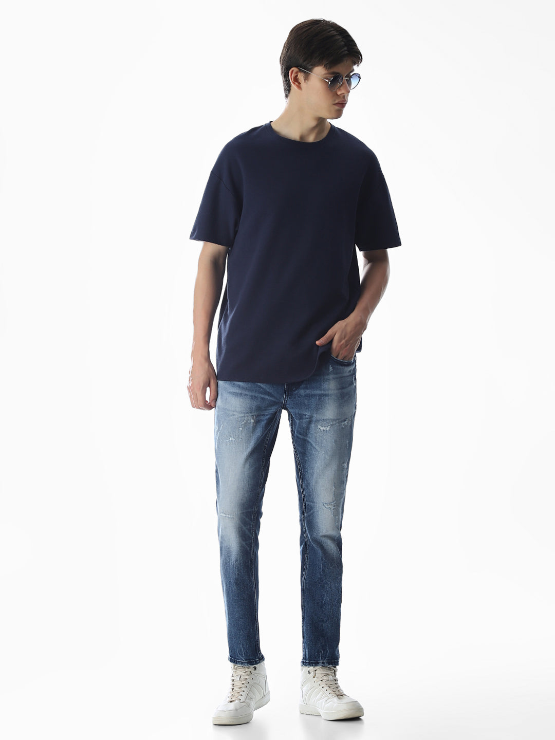Mildly Distressed Cropped Brak Slim Jeans