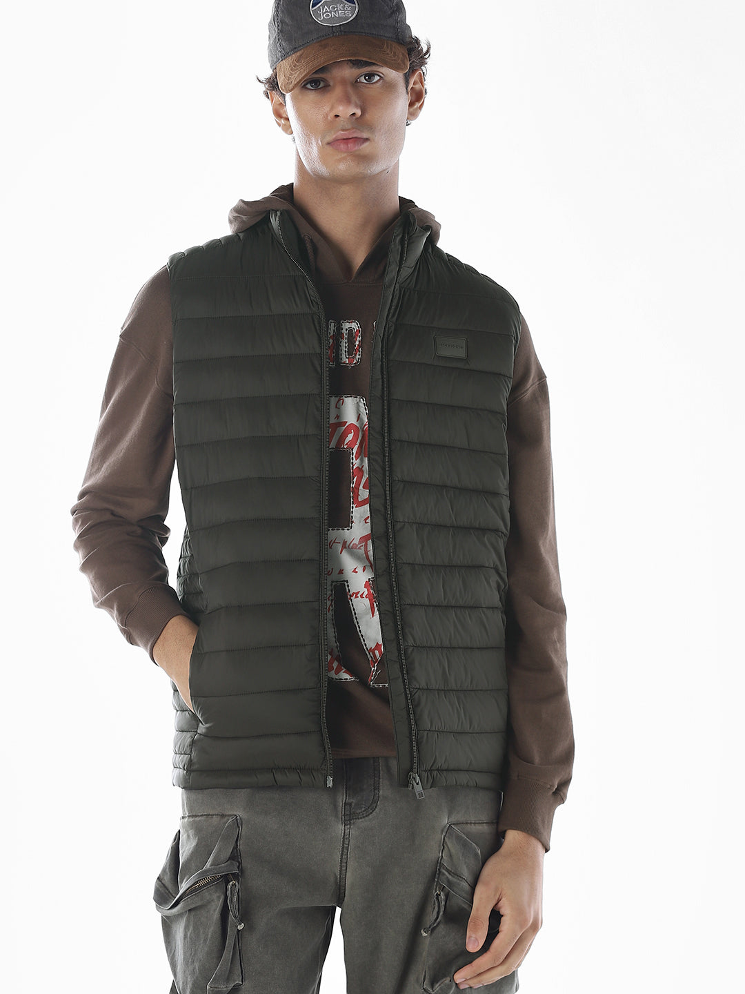 Sleeveless High Neck Puffer Vest - Green - S