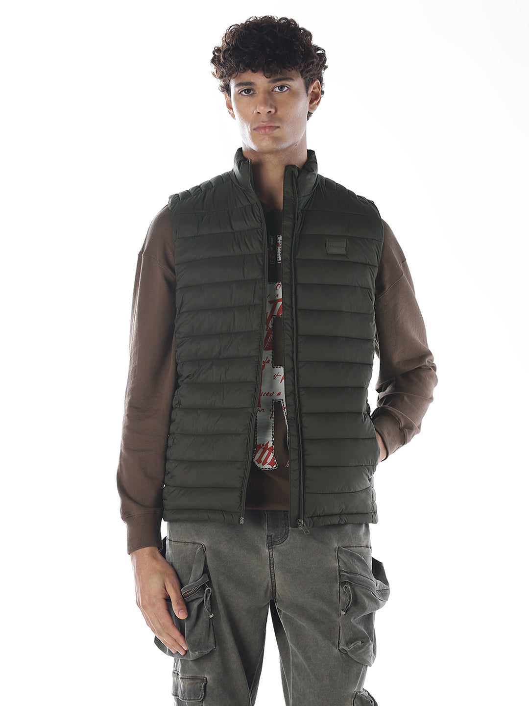 Sleeveless High Neck Puffer Vest - Green