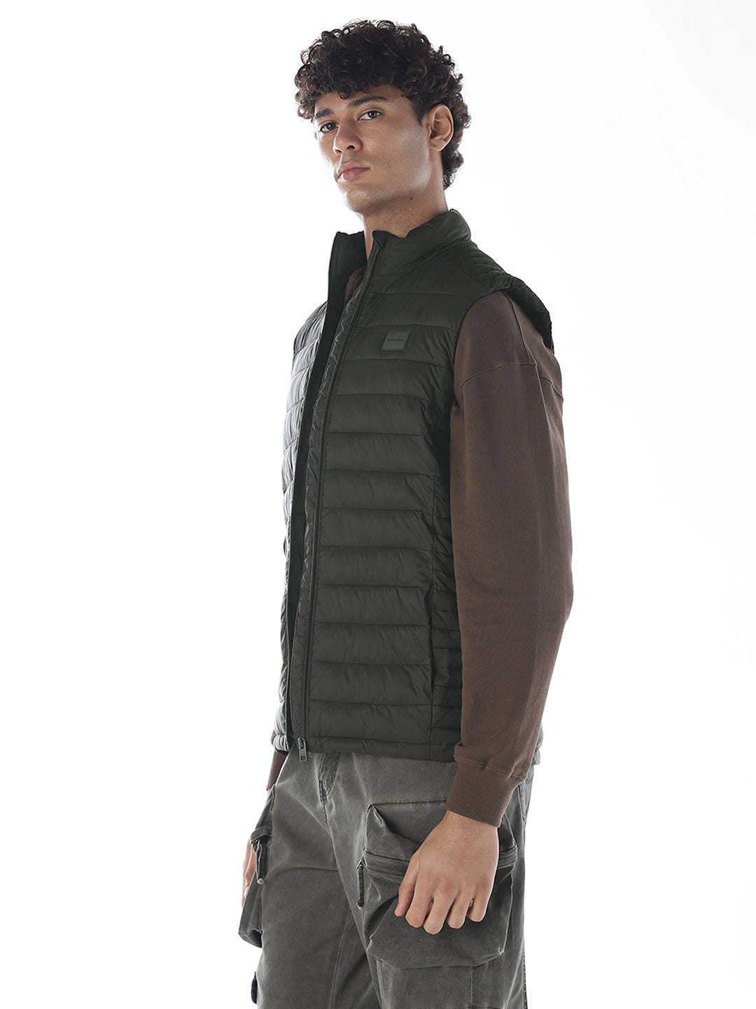 Sleeveless High Neck Puffer Vest - Green