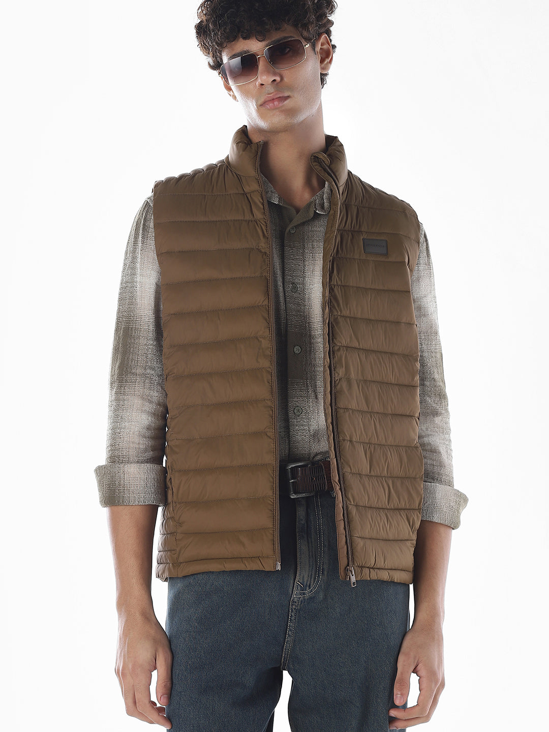 Sleeveless High Neck Puffer Vest - Brown - S