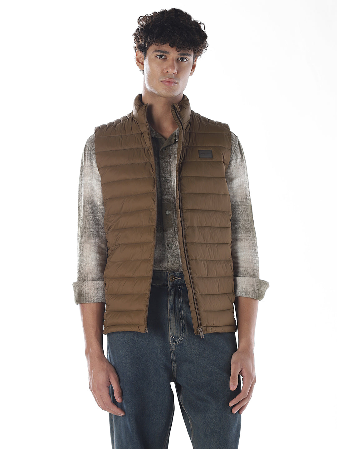 Sleeveless High Neck Puffer Vest - Brown