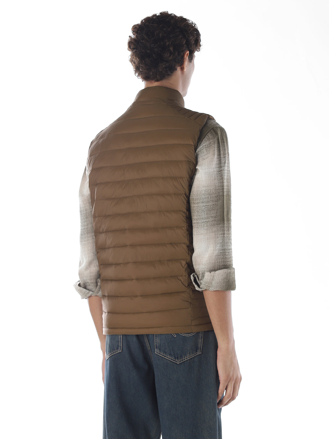 Sleeveless High Neck Puffer Vest - Brown