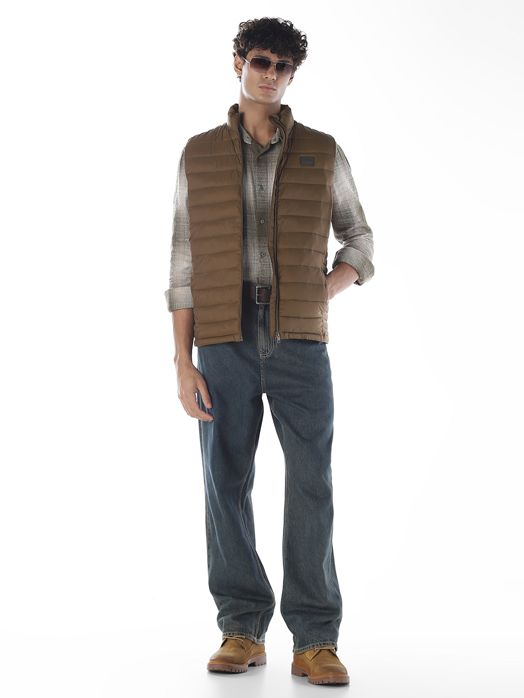 Sleeveless High Neck Puffer Vest - Brown