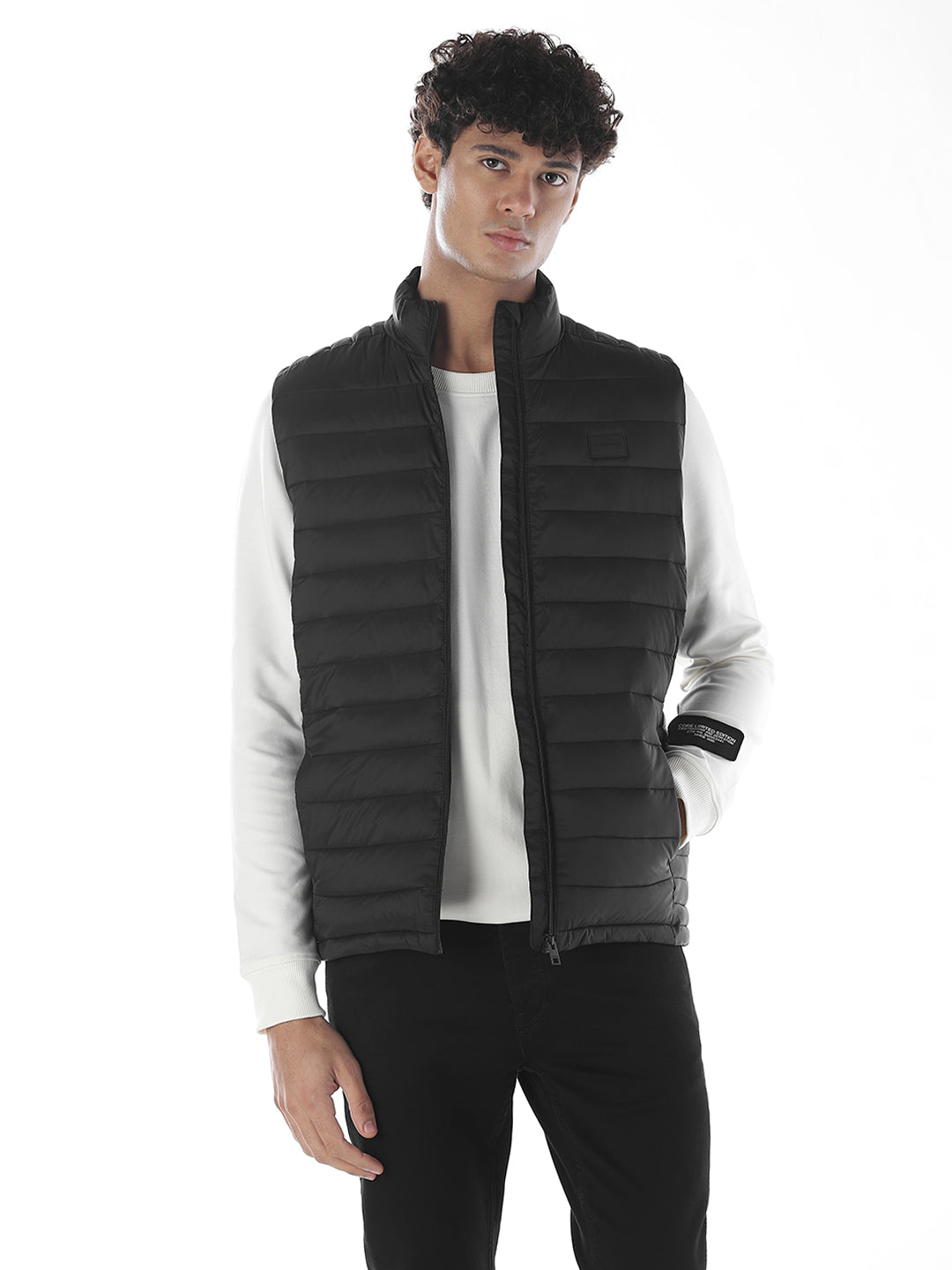 Sleeveless High Neck Puffer Vest - Black