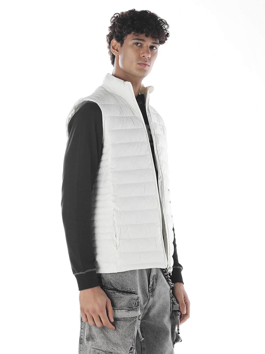 Sleeveless High Neck Puffer Vest - White
