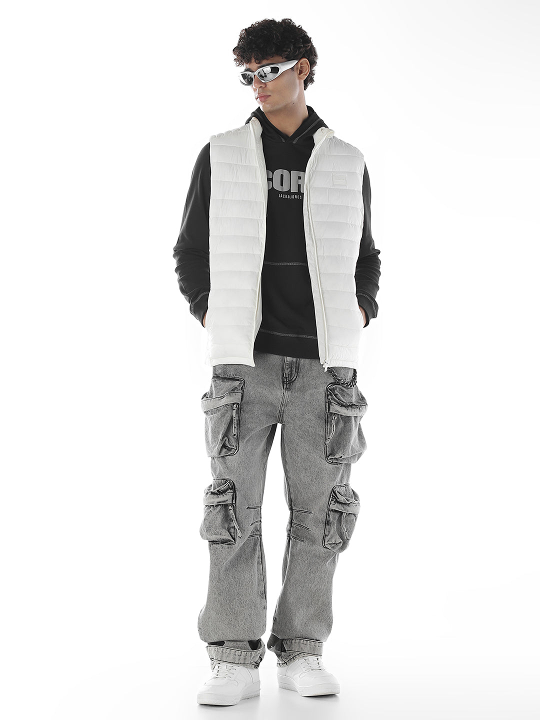 Sleeveless High Neck Puffer Vest - White