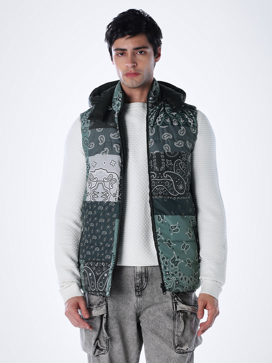 Green Printed Reversible Vest Jacket