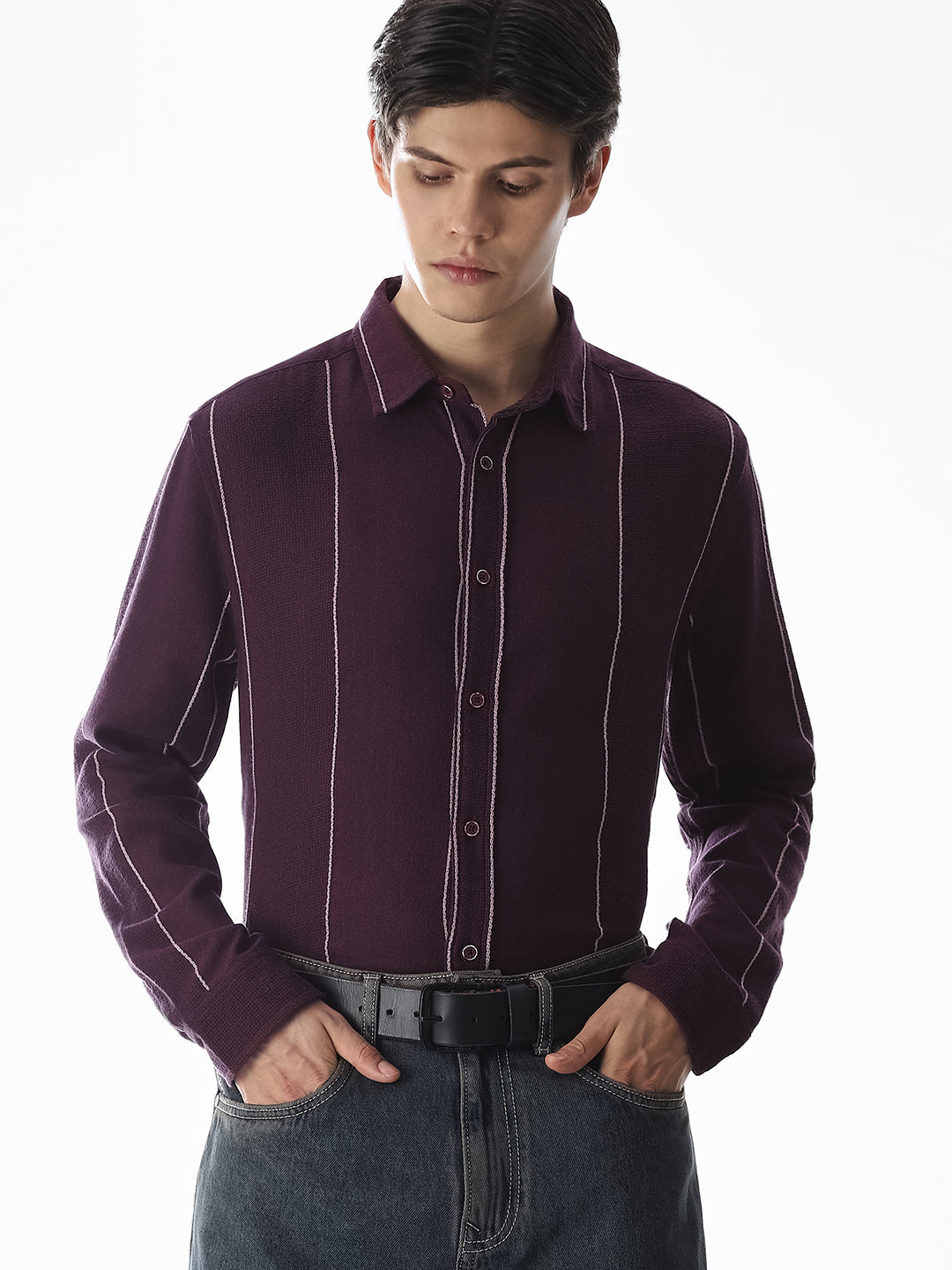 Striped Cotton Full Sleeves Shirt - Purple - S