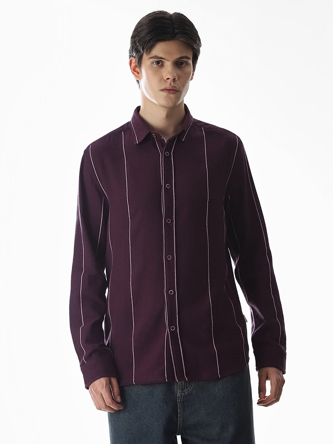 Striped Cotton Full Sleeves Shirt - Purple