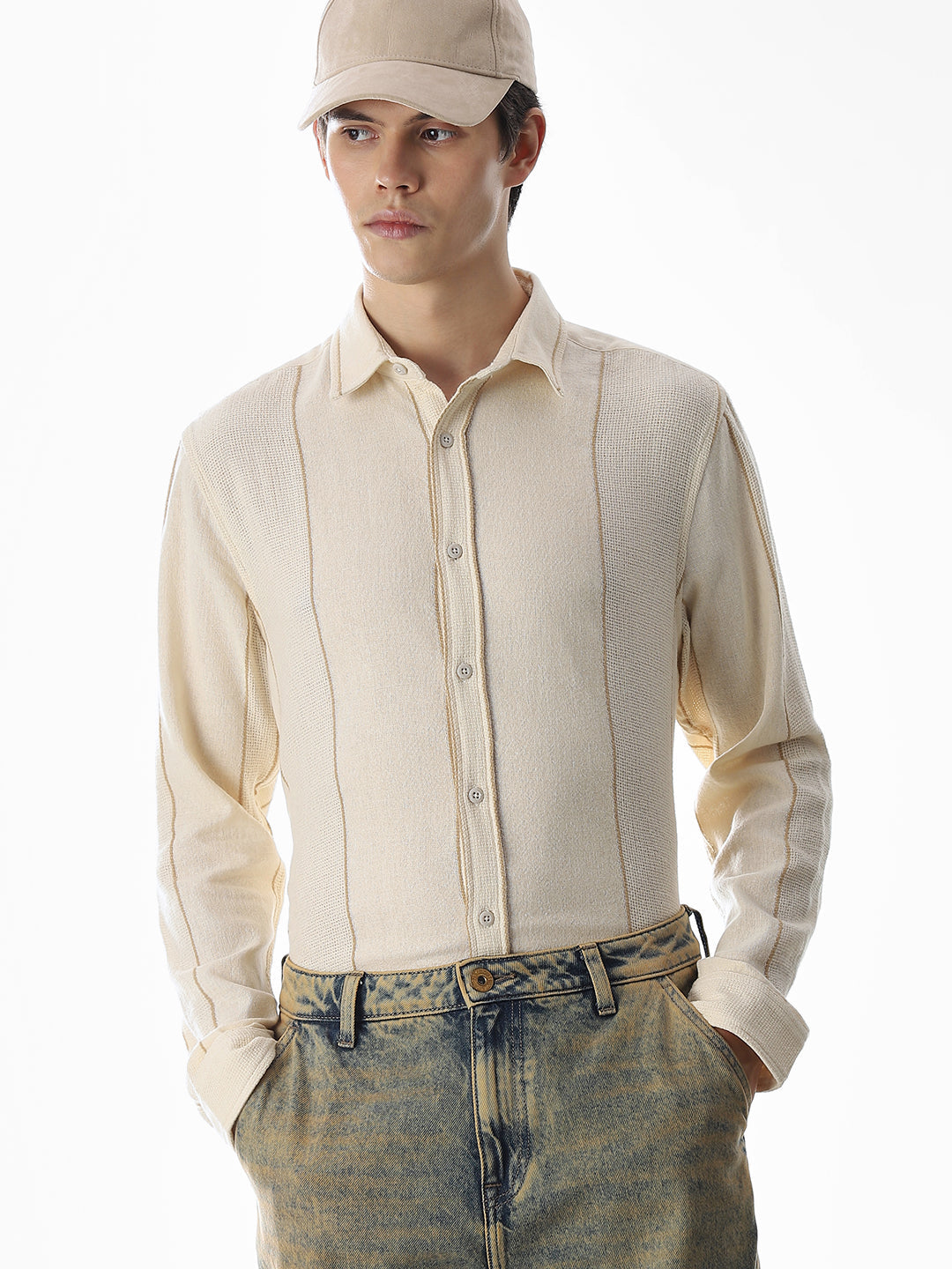 Striped Cotton Full Sleeves Shirt - Beige