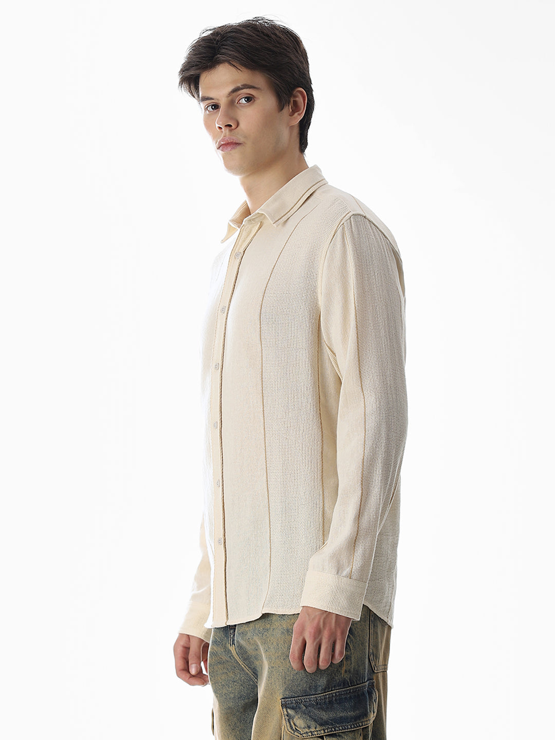 Striped Cotton Full Sleeves Shirt - Beige