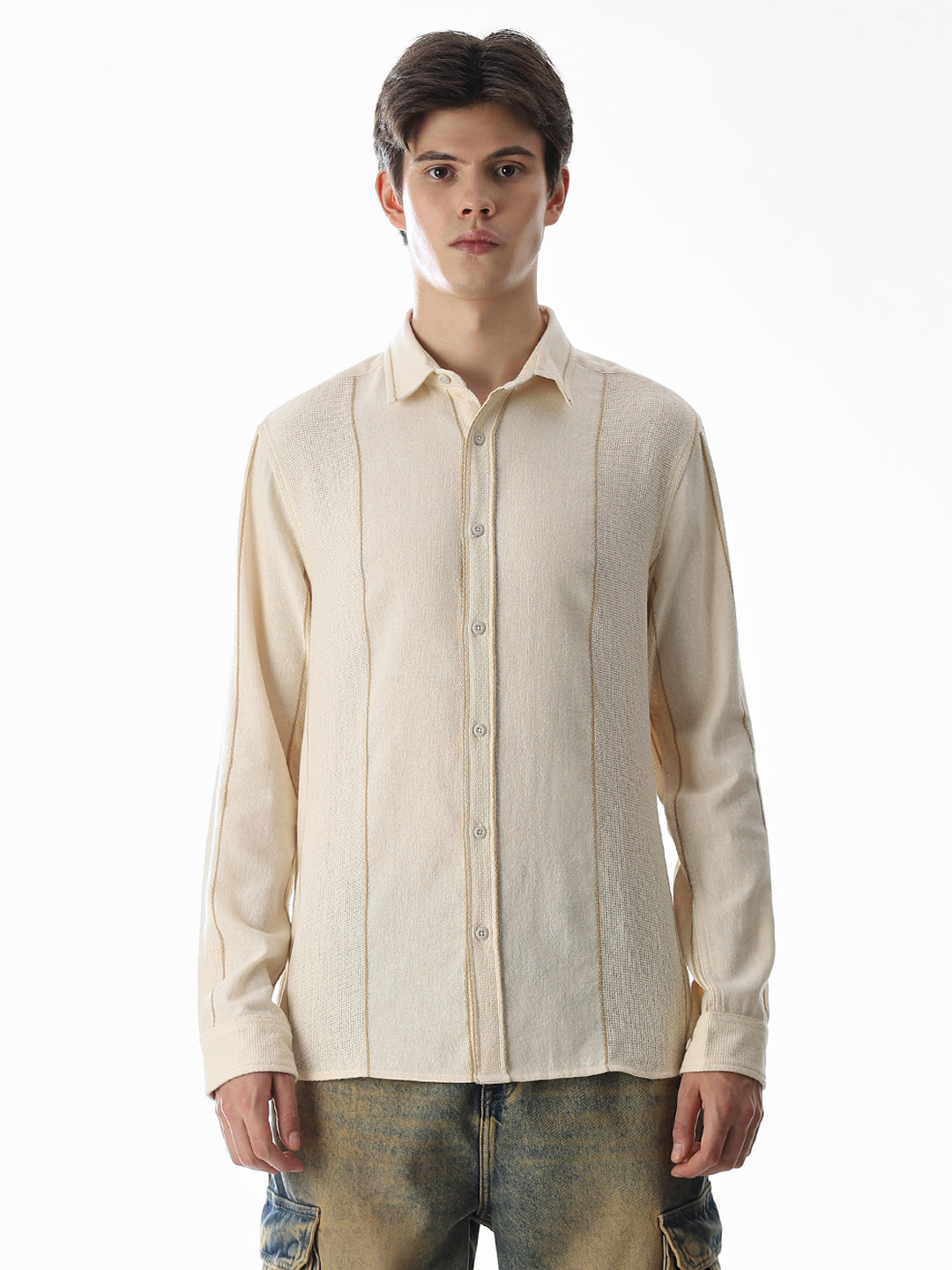 Striped Cotton Full Sleeves Shirt - Beige