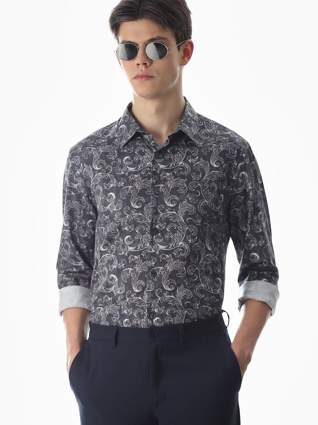 Abstract Print Slim Fit Shirt - Navy Blue - S