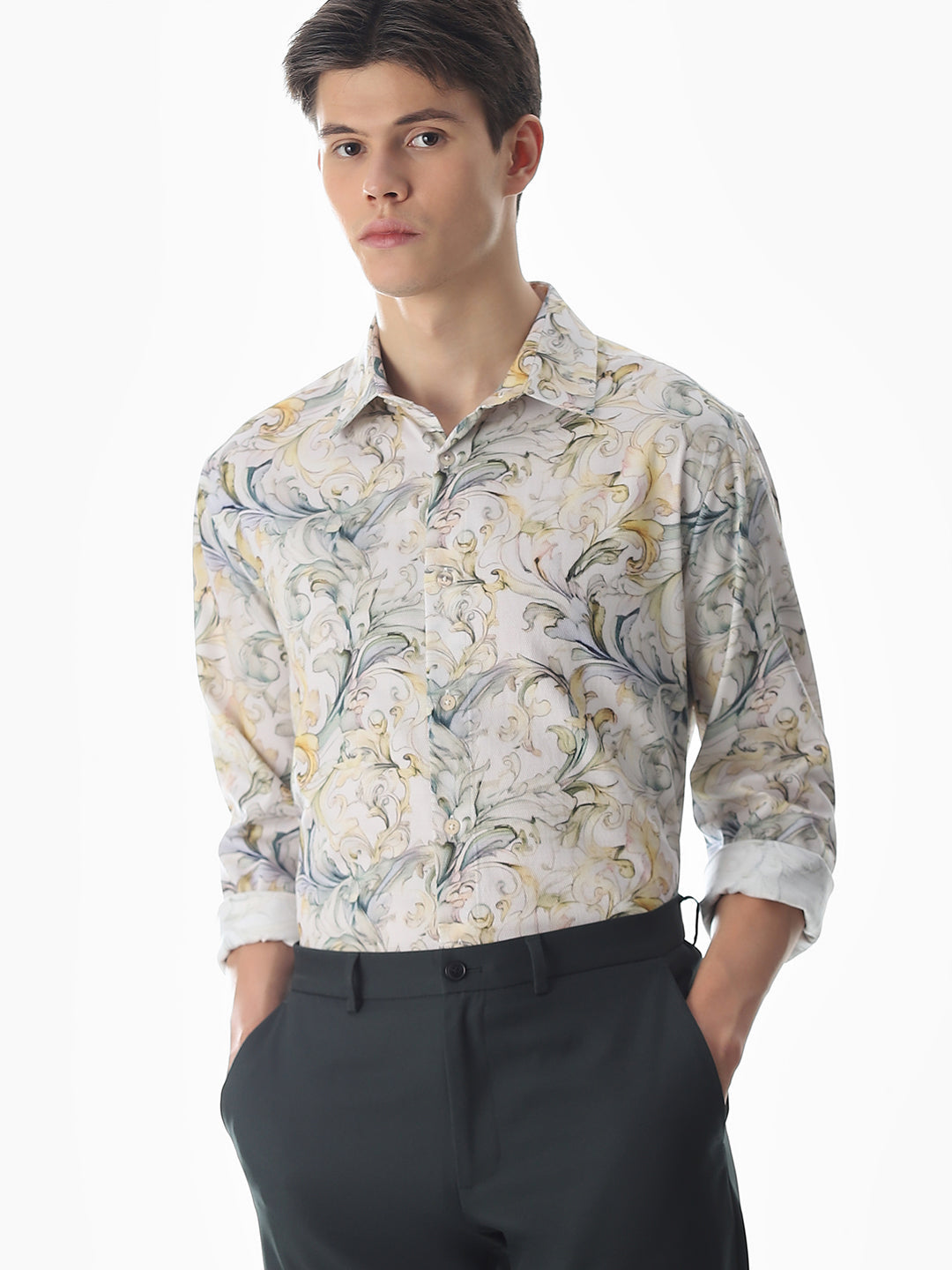 White Dobby Abstract Print Shirt