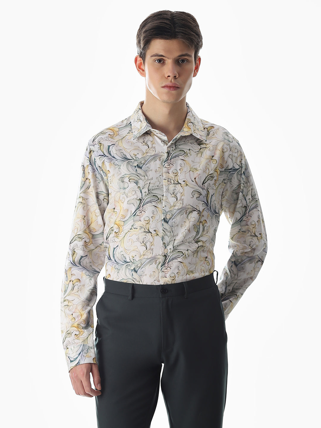 White Dobby Abstract Print Shirt