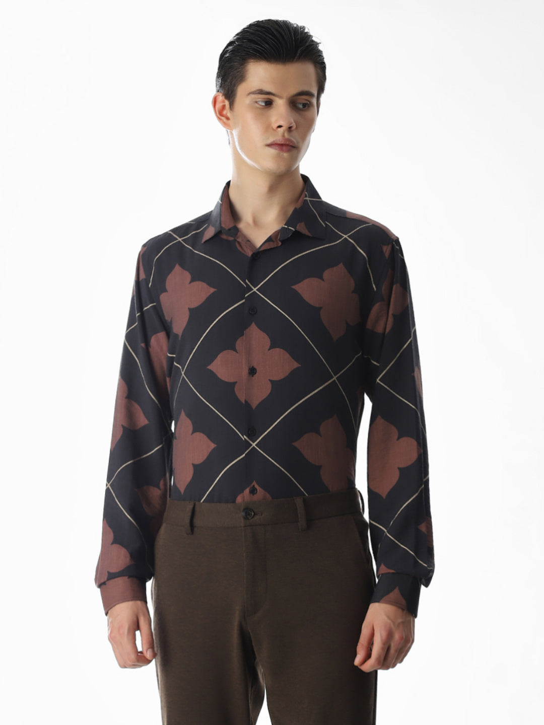 Slim Fit Printed Short Sleeves Shirt - Black