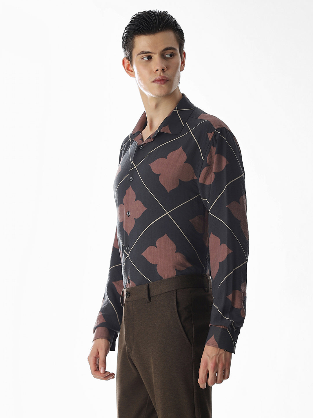 Slim Fit Printed Short Sleeves Shirt - Black