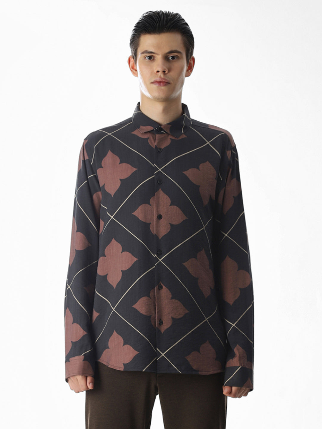 Slim Fit Printed Short Sleeves Shirt - Black