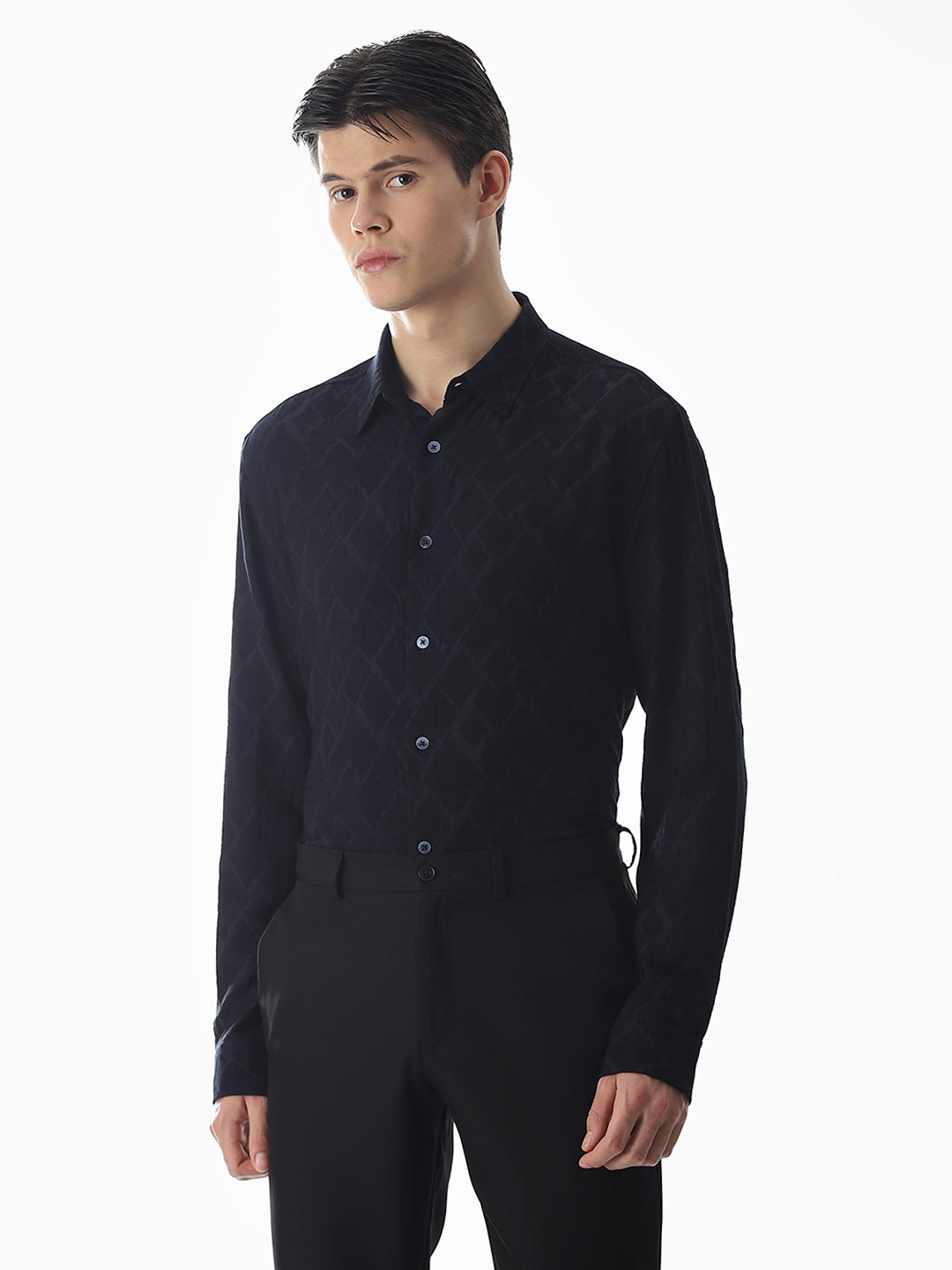 Navy Blue Jacquard Slim Fit Shirt