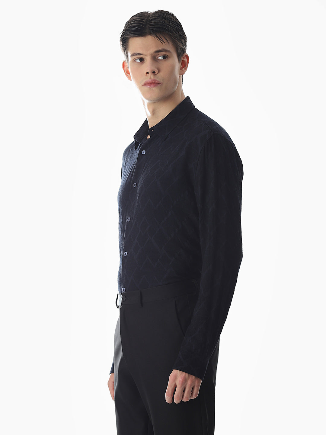 Navy Blue Jacquard Slim Fit Shirt