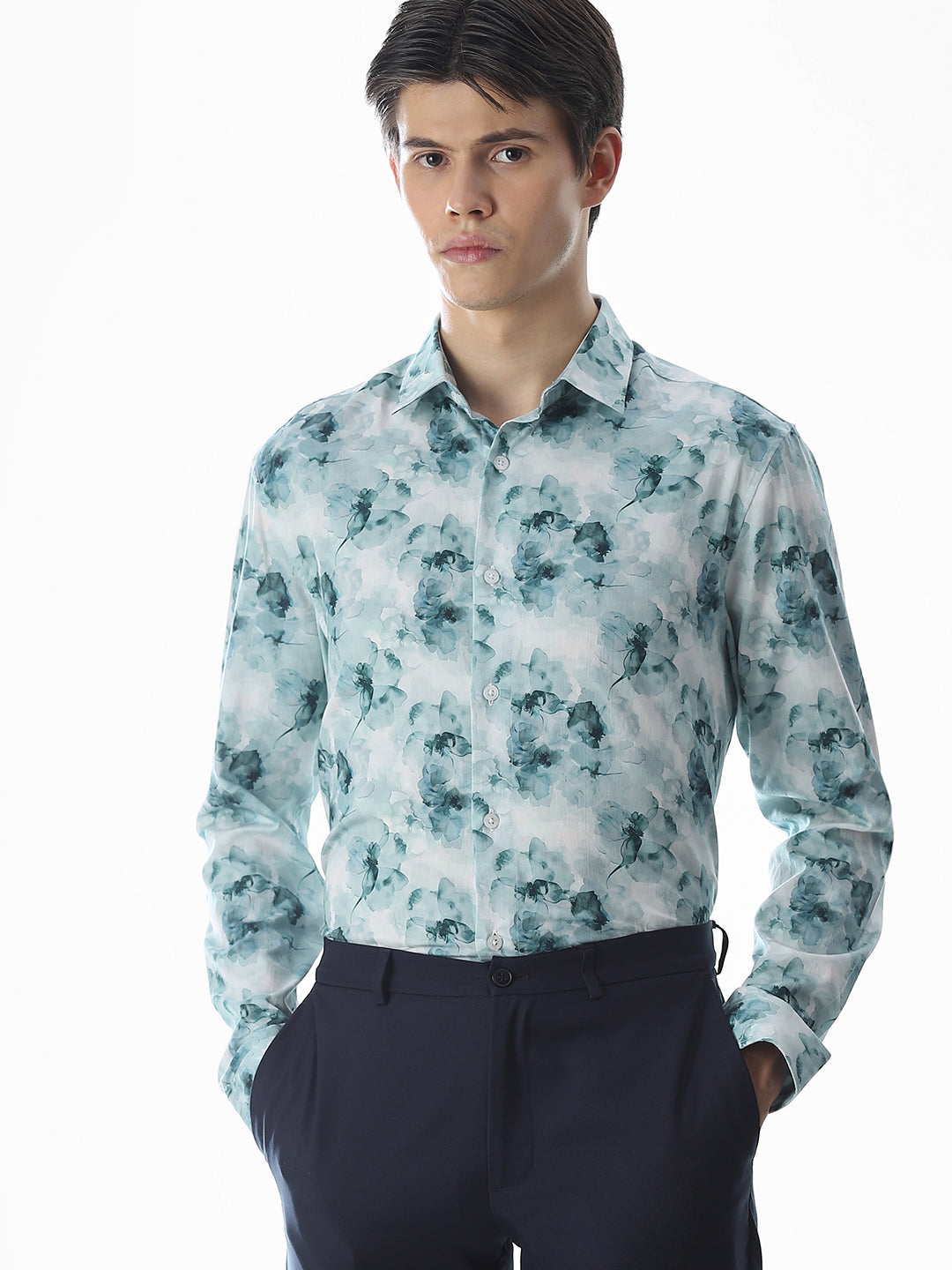 Cotton Printed Full Sleeves Shirt - Green - M