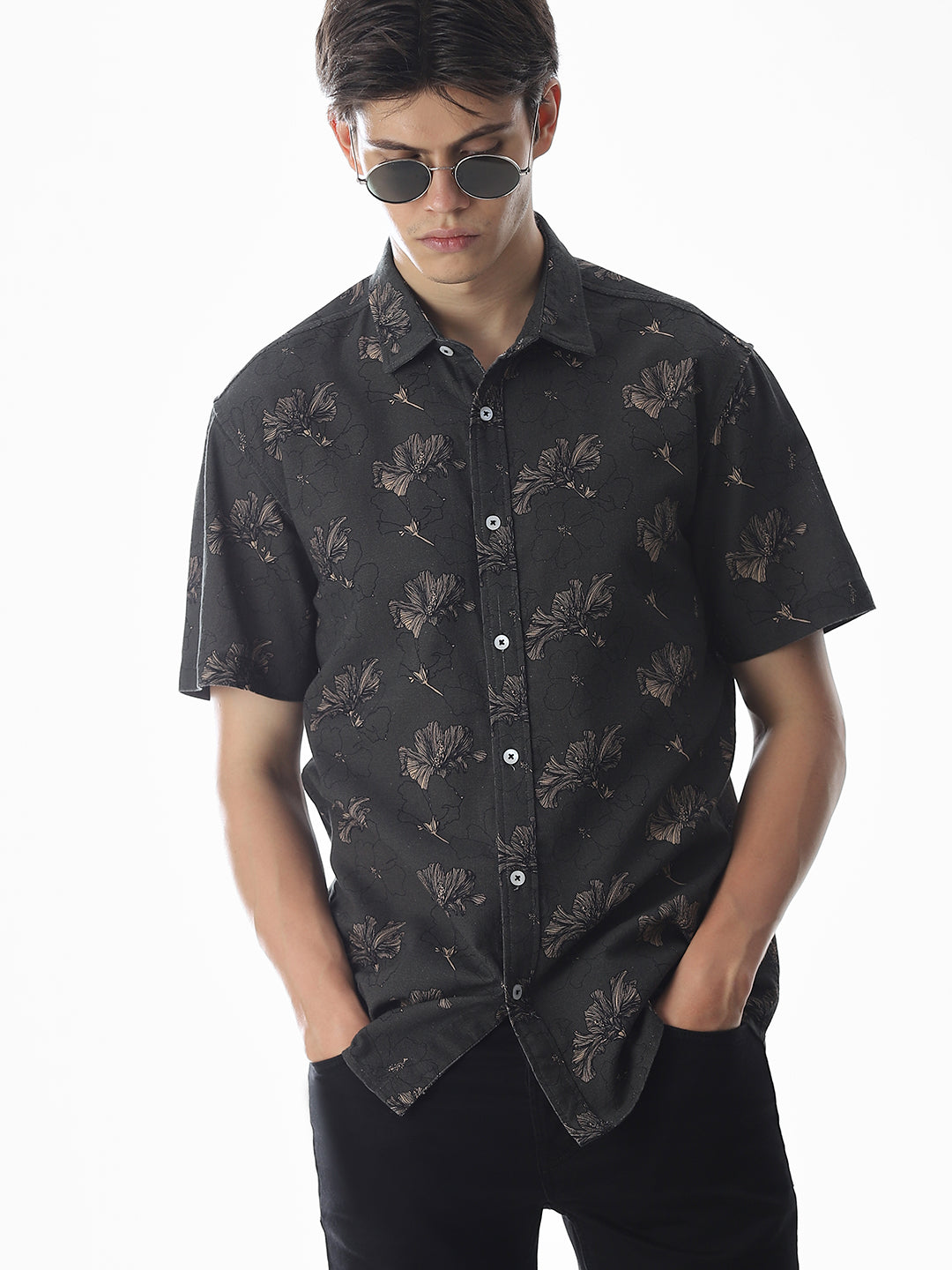 Olive Green Printed Cotton Shirt - XXL