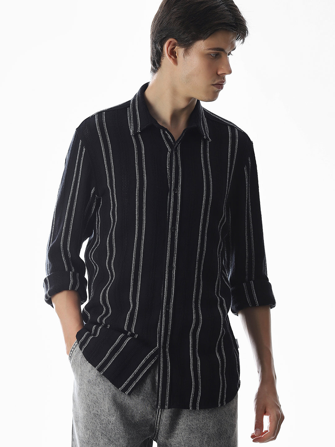 Regular Fit Striped Shirt - Black - XL