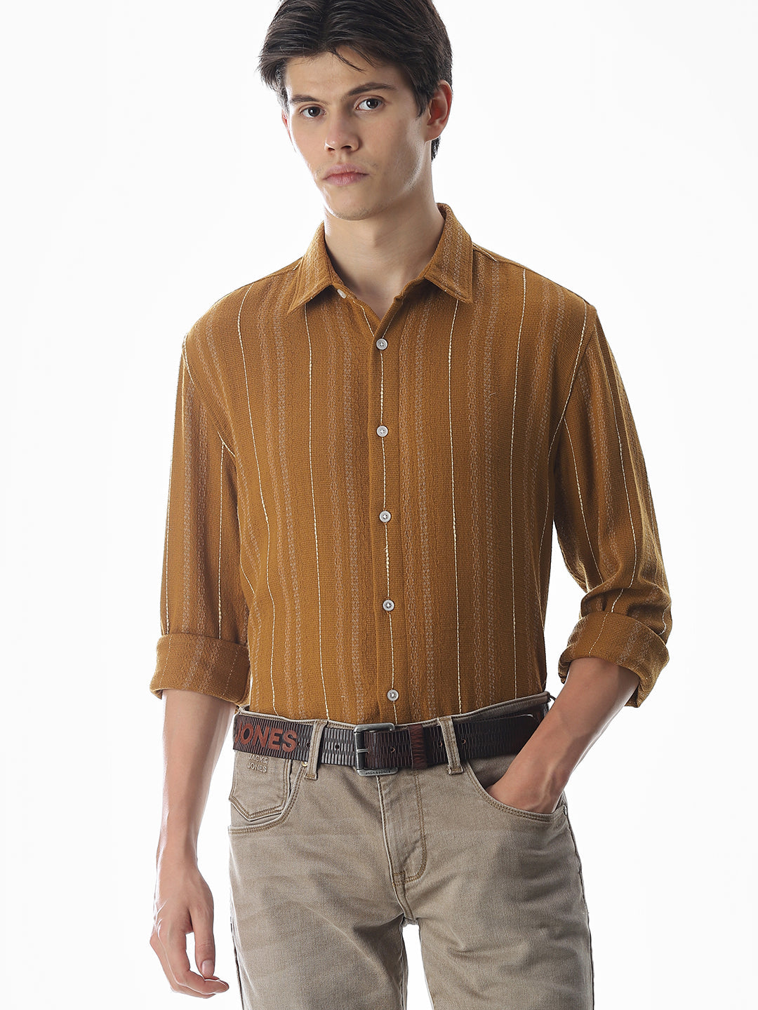 Regular Fit Striped Shirt - Golden Brown