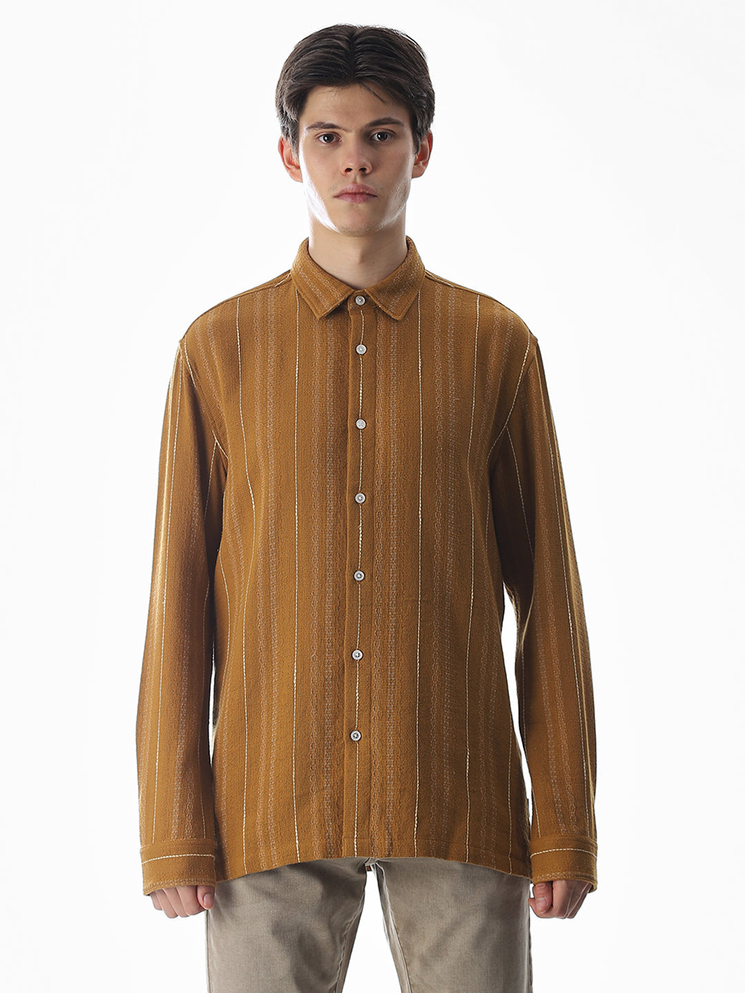 Regular Fit Striped Shirt - Golden Brown
