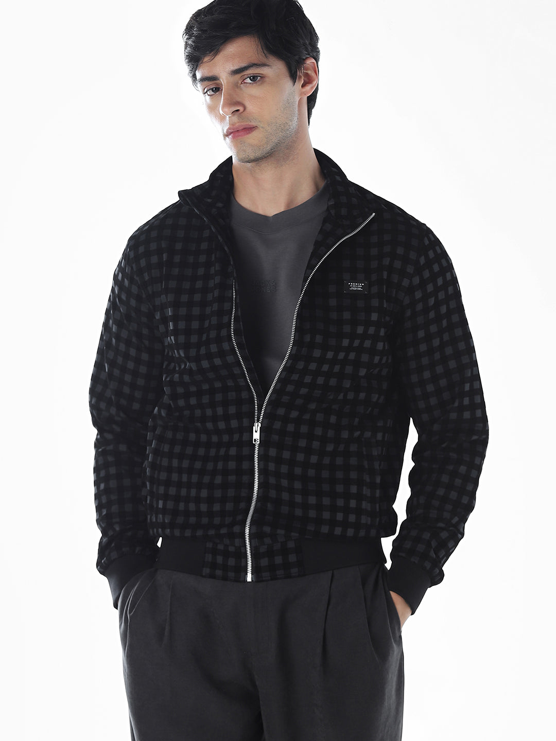 Check High Neck Casual Jacket