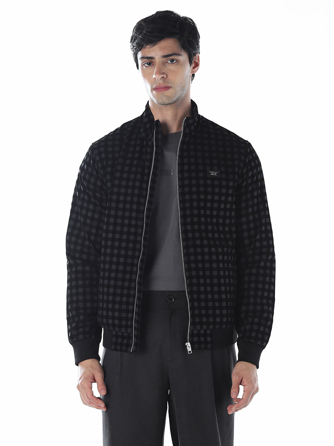 Check High Neck Casual Jacket