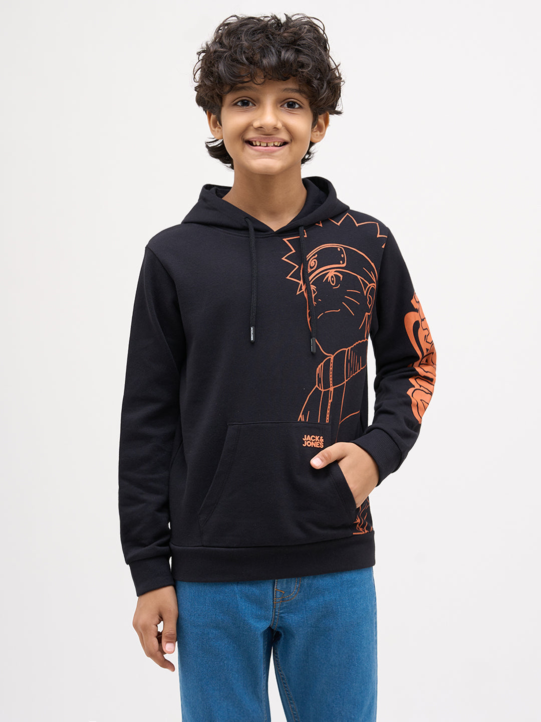 Boys Cotton Black Hooded Sweatshirt With Naruto Placement Print
