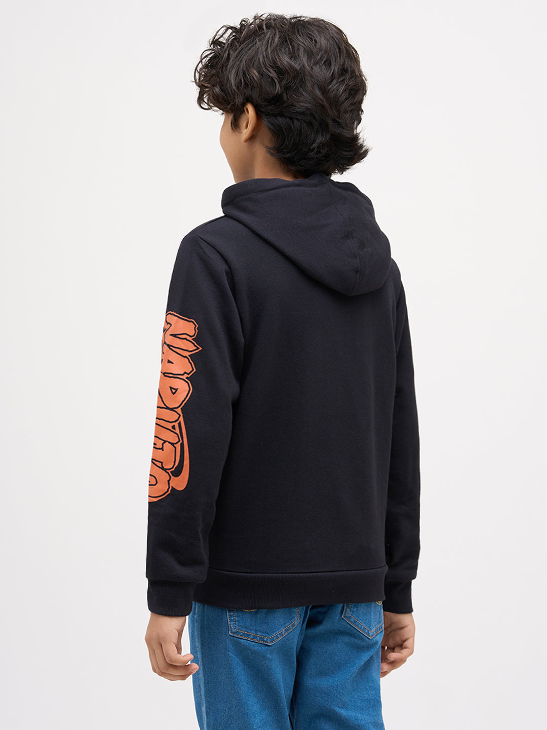 Boys Cotton Black Hooded Sweatshirt With Naruto Placement Print
