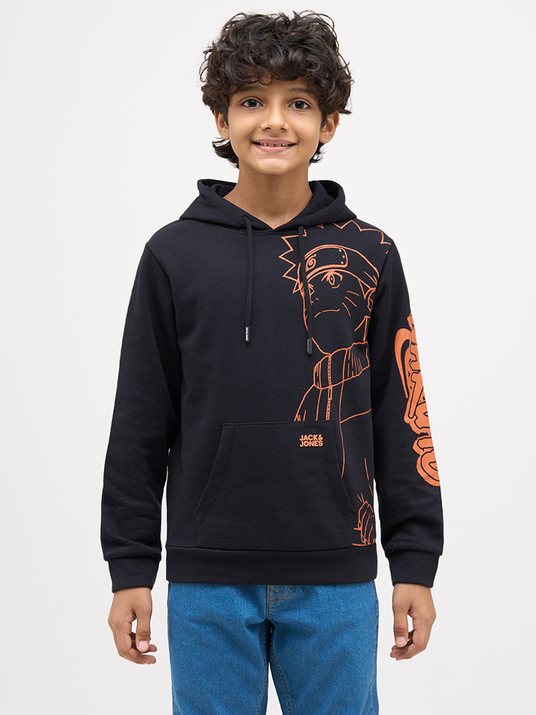 Boys Cotton Black Hooded Sweatshirt With Naruto Placement Print