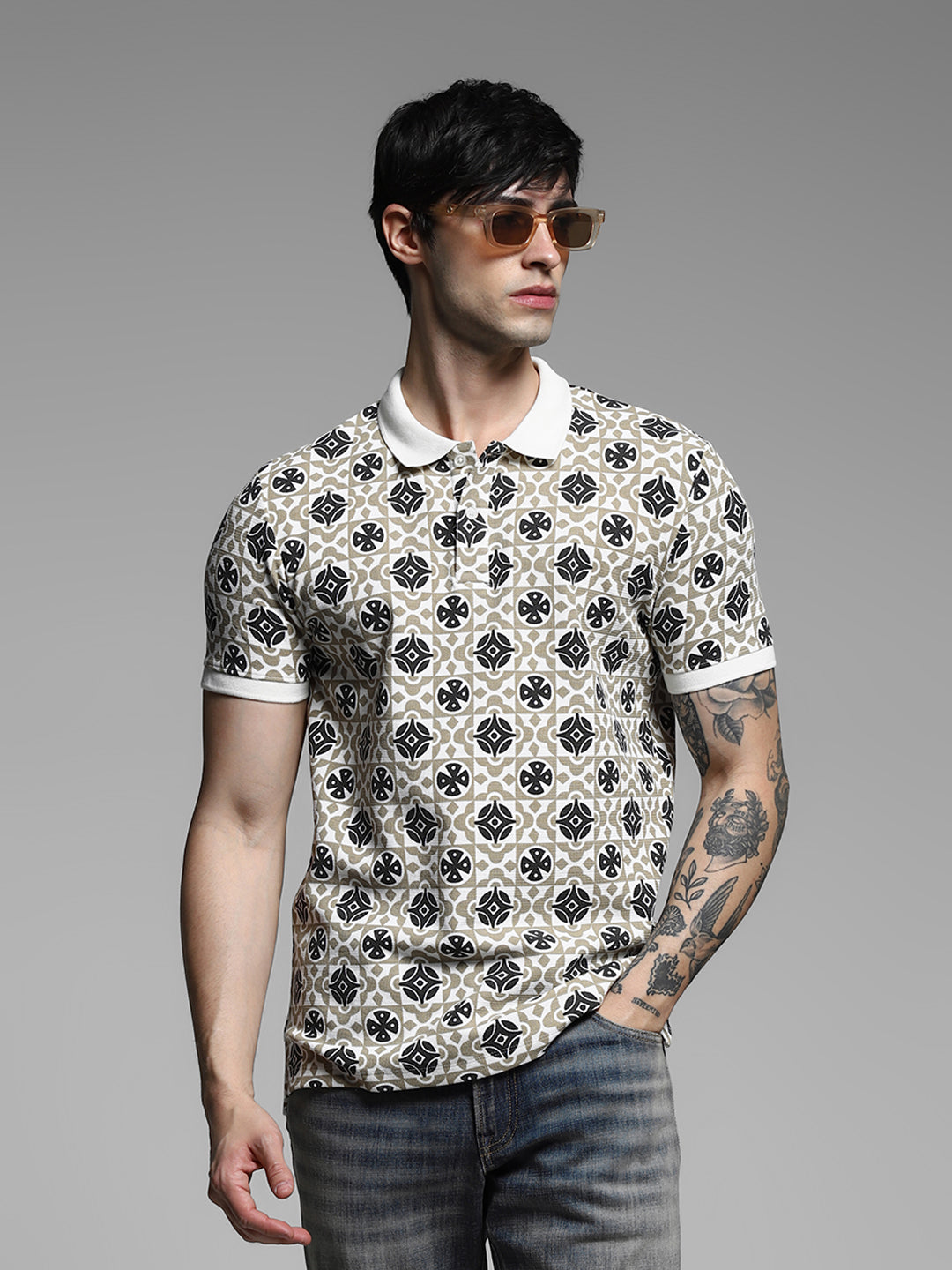 Brown Printed Cotton Polo - S