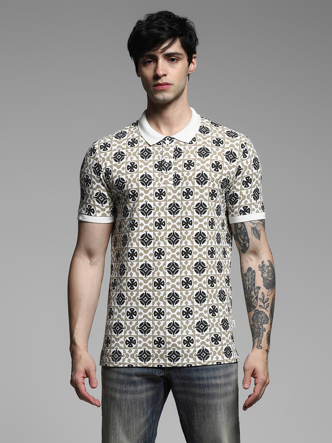 Brown Printed Cotton Polo