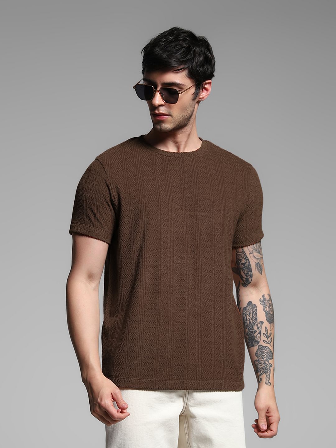 Brown Jacquard Crew NECK t-shirt - XXL