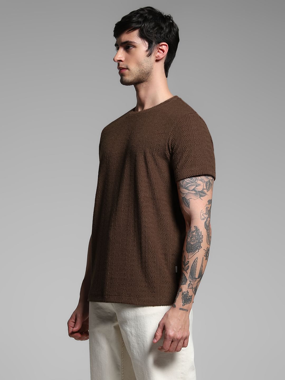 Brown Jacquard Crew NECK t-shirt