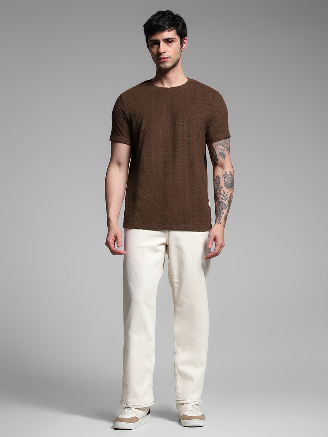 Brown Jacquard Crew NECK t-shirt