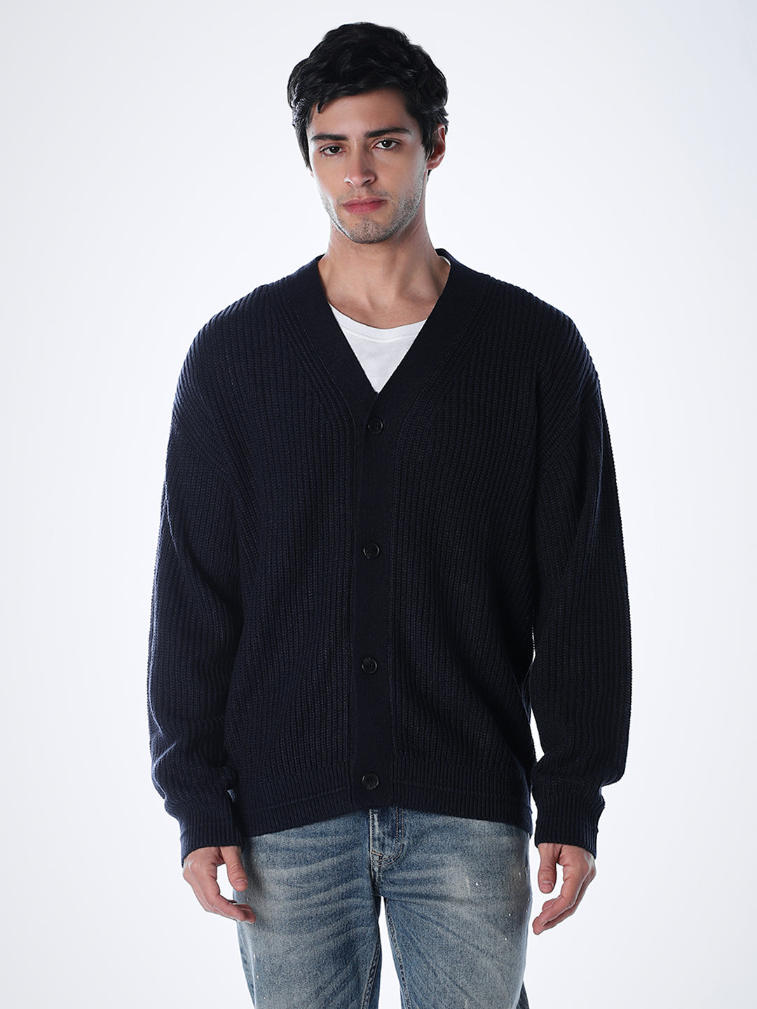 V-Neck Buttoned Cardigan - Dark Blue