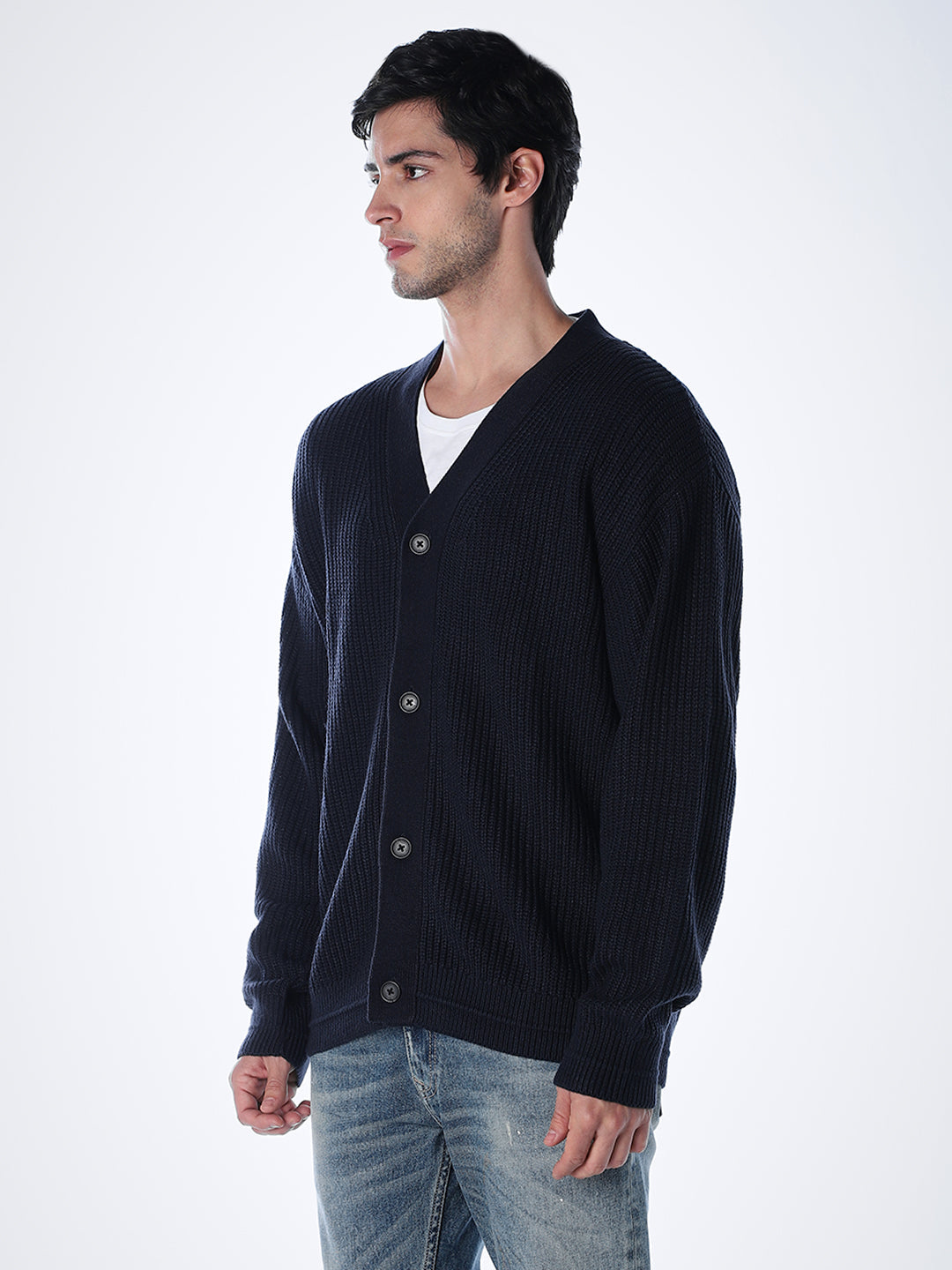 V-Neck Buttoned Cardigan - Dark Blue