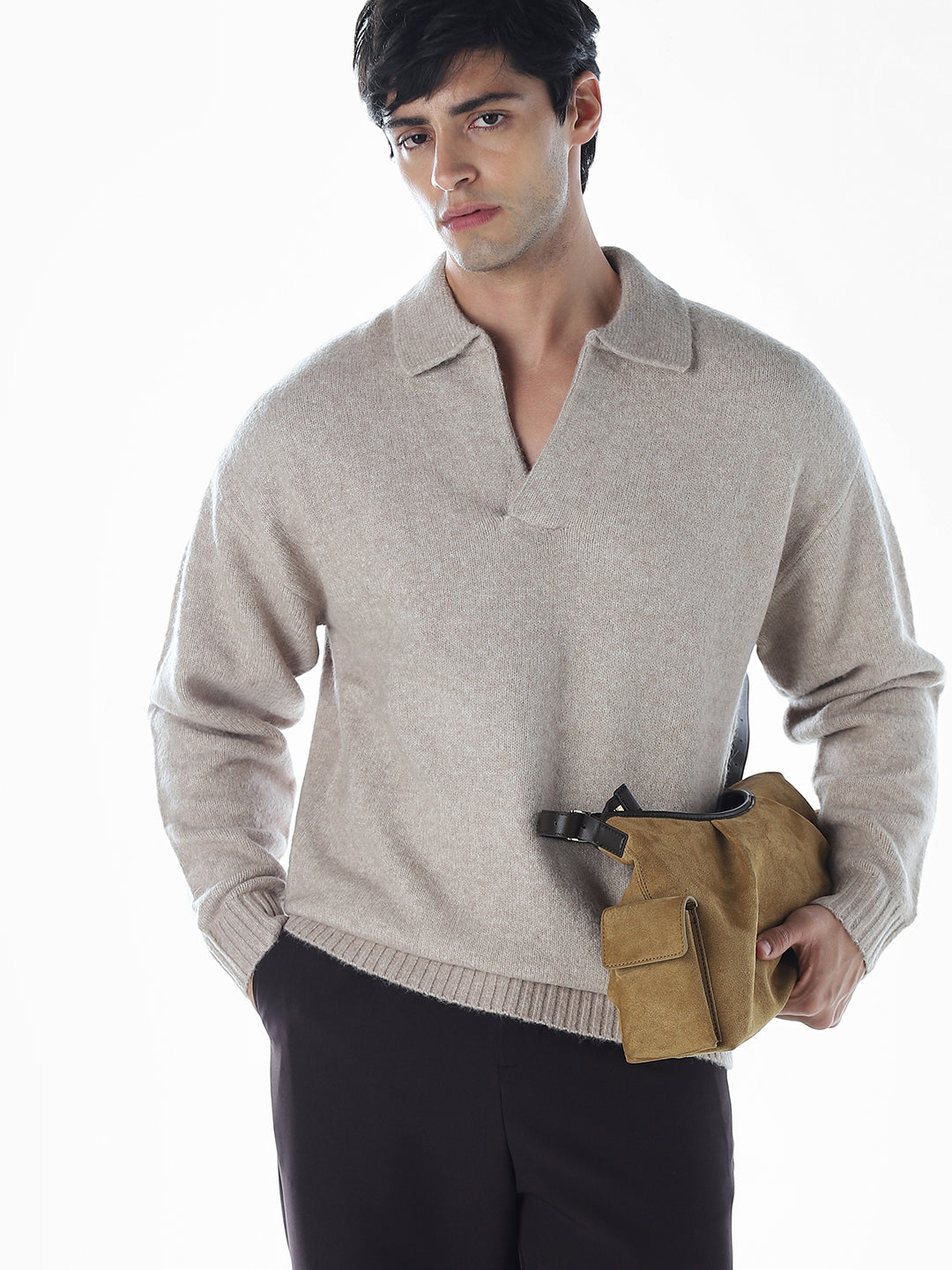 Split Neck Knit Oversized Polo - Beige